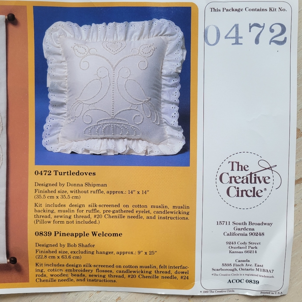 Vintage 1985 The Creative Circle #0472 Turtledoves Pillow